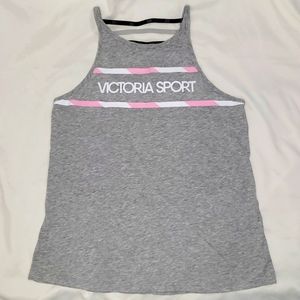 Victoria's Secret Sport Strappy Back Tank Top. Gray w/Pink& White Design. Sz: M